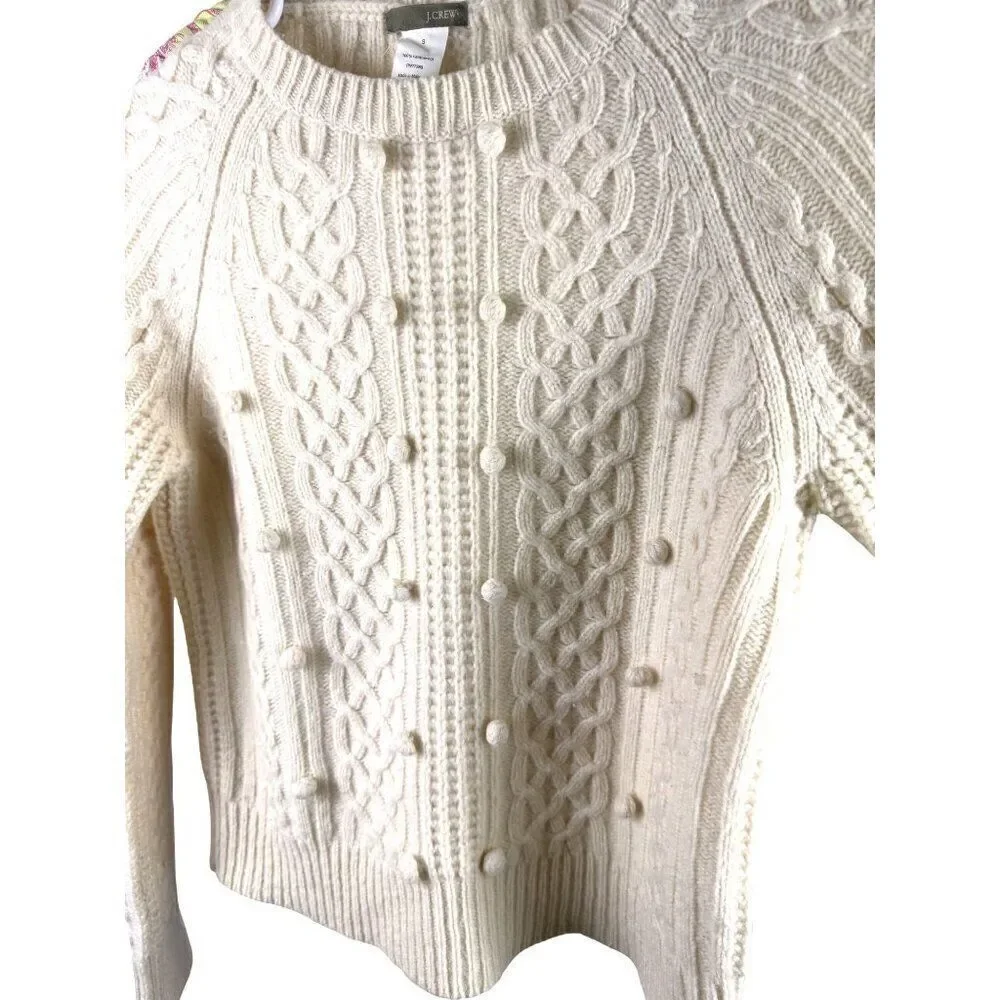 J.Crew Womens Cable-Knit Lambswool Pom-Pom Sweater Ivory Size S Cozy EUC